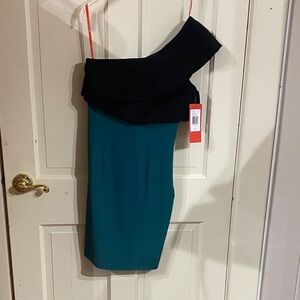 ML Monique Lhuillier Black and Teal One-Shoulder cocktail Dress - 2 - NWT